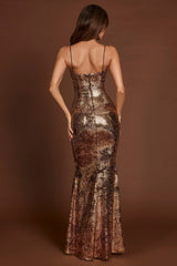 Embellished Straight-Neck Maxi Dress in Black Gold Foil