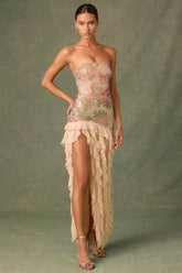 Embellished Ruffle-Trim Strapless Gown in Rose Hotfix