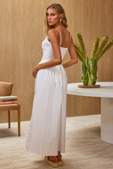 Enchanted Leaf Shirred Bodice Maxi Dress White