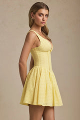 Broderie Anglaise Bow-Detail A-Line Mini Dress in Pastel Yellow