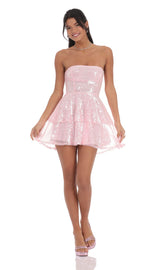 Sequin Strapless Ruffle Dress in Pink