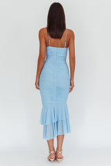 Nadia Ruffle Neckline Ruched Midi Dress Blue