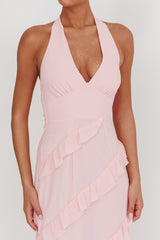 Flirt Frill Trim Halter Maxi Dress Blush