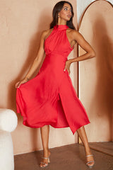 Promises Halterneck Front Split Midi Dress Red