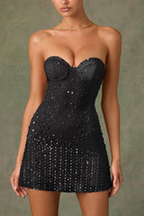 Embellished Sweetheart-Neck A-Line Mini Dress in Black