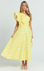 Alfreda Midi Dress One Shoulder Ruffle Detail Brailey Jacquard Dress in Yellow