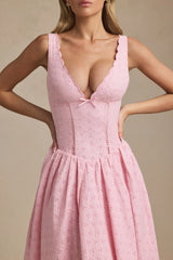 Broderie Anglaise Bow-Detail A-Line Midaxi Dress in Soft Pink