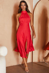 Promises Halterneck Front Split Midi Dress Red