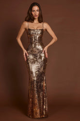 Embellished Straight-Neck Maxi Dress in Black Gold Foil