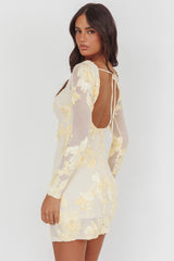 Karma Long Sleeve Scoop Back Dress Embellished Yellow