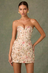 Embellished Strapless A-Line Mini Dress in Floral Beige