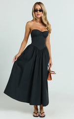 Daria Midi Dress Strapless Corset Gathered Dress in Black