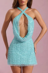 Embellished Cowl-Neck Backless Mini Dress in Aqua Blue