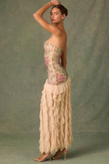 Embellished Ruffle-Trim Strapless Gown in Rose Hotfix