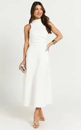 Macy Midi Dress High Neck A Line Dress in Off White