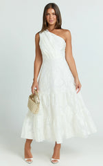 Nadette Midi Dress One Shoulder Pleated Tiered Dress in White
