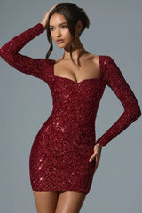 Sephina Embellished Sweetheart-Neck Mini Dress in Red