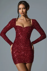 Sephina Embellished Sweetheart-Neck Mini Dress in Red