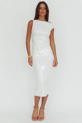Country Club Asymmetric Neckline Midi Dress Sequin White