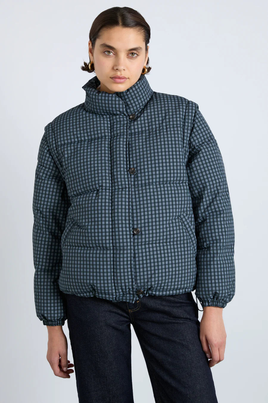 pre-order pearl check puffer - navy gingham