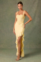 Embellished Ruffle-Trim Corset Gown in Yellow