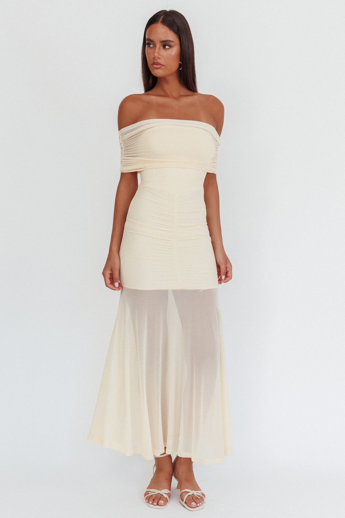 Clarita Sheer Ruched Maxi Dress Cream