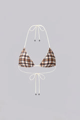 Brown Checked In Triangle Bikini Top
