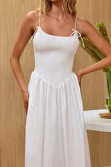 Enchanted Leaf Shirred Bodice Maxi Dress White