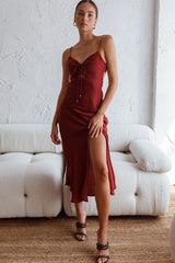 Fondest Memories Ruched Drawstring Bust Lace-Up Back Midi Dress Brown