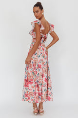 Palms Ruffle Sleeve Tied Back Maxi Dress Floral Pink