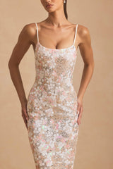 Embellished Scoop-Neck Backless Maxi Dress in Ivory