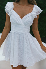 Lola Ruffle Shoulder Ruched Dress Textured White