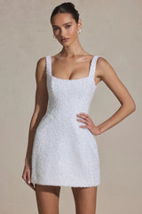 Embellished Structured A-Line Mini Dress in White