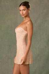 Embellished Sweetheart-Neck A-Line Mini Dress in Apricot