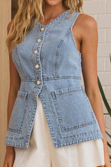 Philomena Button Front Vest Top Light Denim