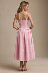 Broderie Anglaise Bow-Detail A-Line Midaxi Dress in Soft Pink
