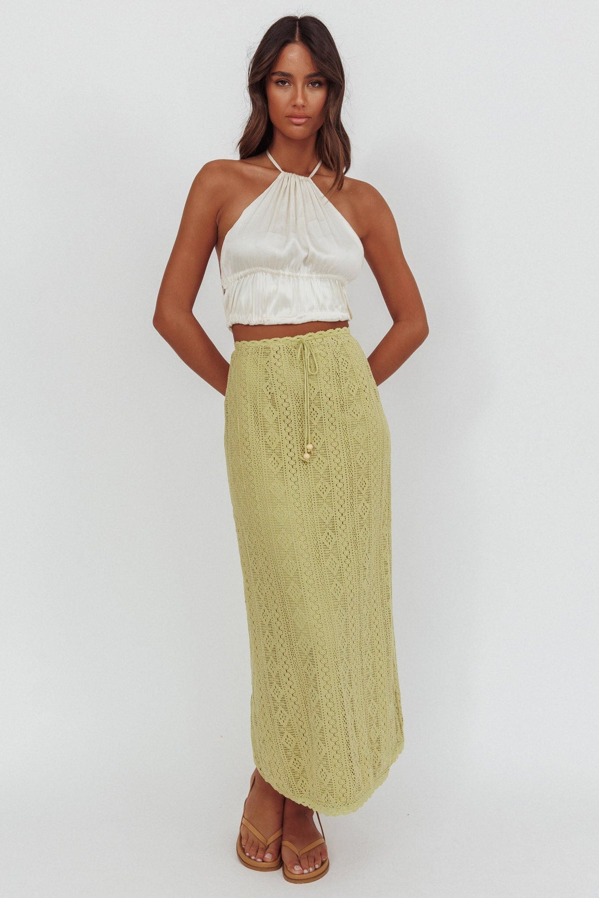 Days Away Crochet Lace Maxi Skirt Moss