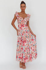 Palms Ruffle Sleeve Tied Back Maxi Dress Floral Pink
