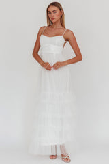 Nerida Twist Back Frill Trim Mesh Maxi Dress White