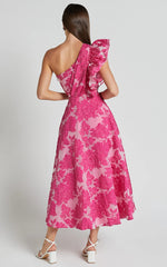 Alfreda Midi Dress One Shoulder Ruffle Detail Brailey Jacquard Dress in Pink