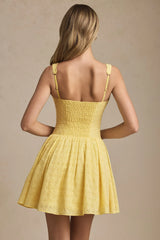 Broderie Anglaise Bow-Detail A-Line Mini Dress in Pastel Yellow