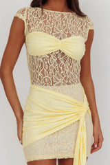 Baie Hip Sash Lace Overlay Mini Dress Lemon