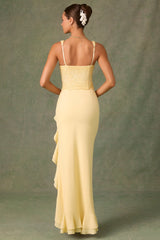 Embellished Ruffle-Trim Corset Gown in Yellow