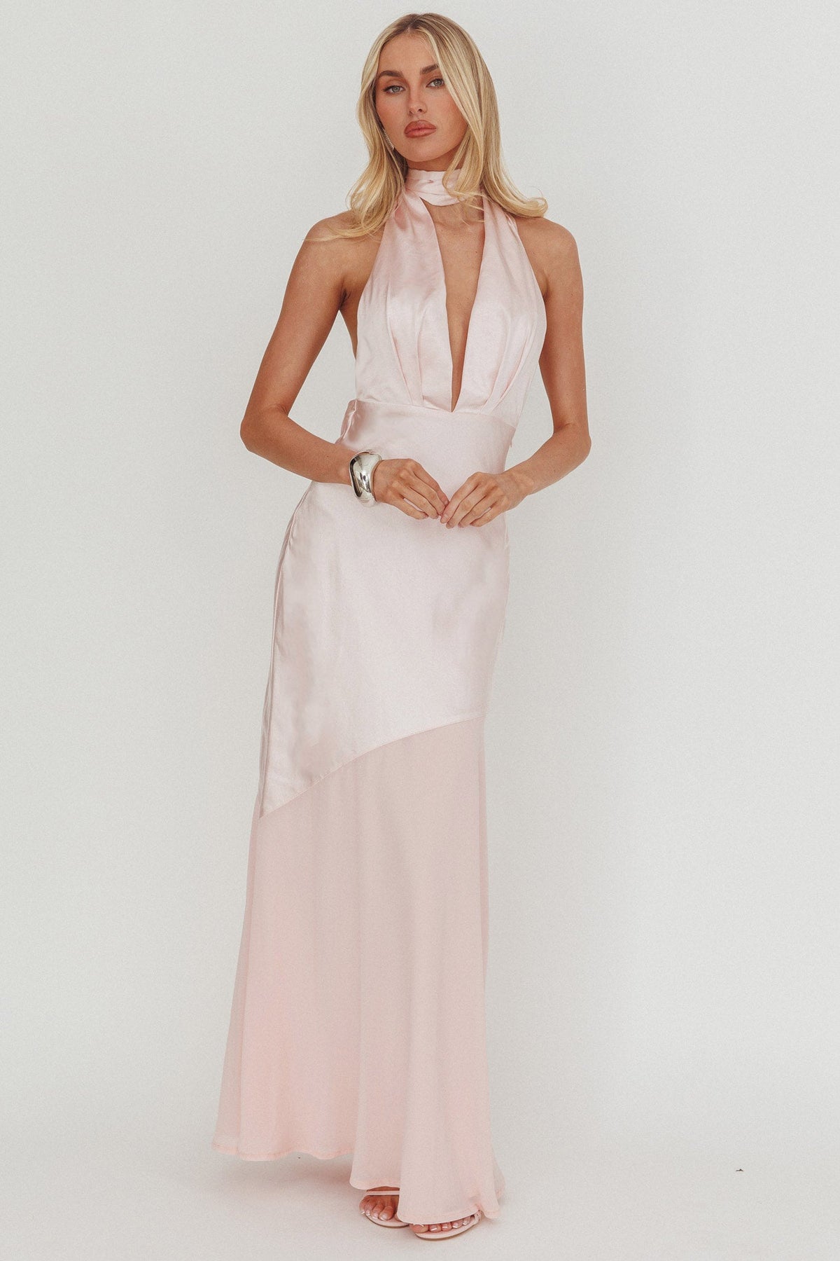 Italia Azure Halterneck Sheer Hem Maxi Dress Blush