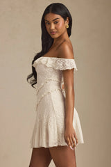 Off-Shoulder Lace A-Line Mini Dress in Ivory