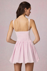 Bow-Detail A-Line Mini Dress in Soft Mauve Stripe
