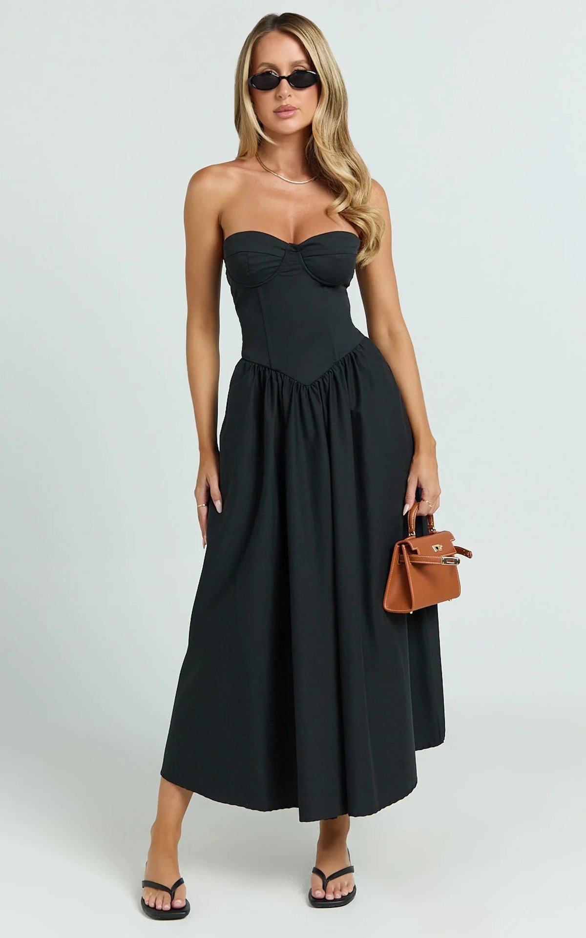 Daria Midi Dress Strapless Corset Gathered Dress in Black