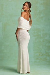 Bouclé Off-Shoulder Maxi Dress in White