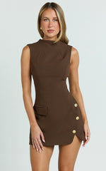 Langley Mini Dress Sleeveless High Neck Faux Wrap Tulip Dress in Brown