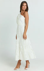 Nadette Midi Dress One Shoulder Pleated Tiered Dress in White